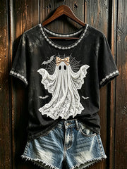 Women's Halloween Lace Boo Pattern Printed Casual Short Sleeve T-Shirt
