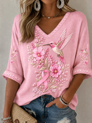 Women's Pink Floral & Hummingbird Print Breast Cancer Awareness Support Half-Sleeves V-Neck T-Shirt