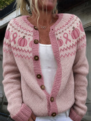 Women's Vintage Pink Pumpkins & Pink Ribbon Yoke Isle Pattern Print Cardigan