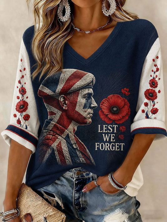 Women's Lest We Forget Printed Mid-length Sleeves V-neck T-shirt