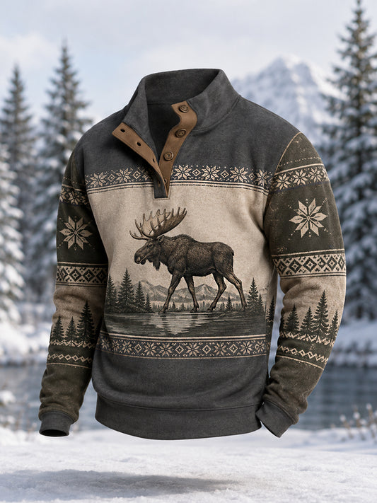 Men's Winter Moose Print Casual Pullover