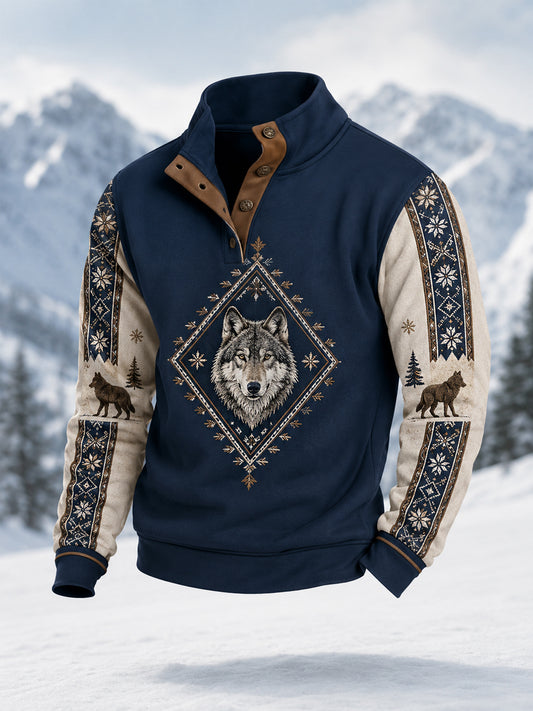 Men's Winter Wolf Print Casual Pullover
