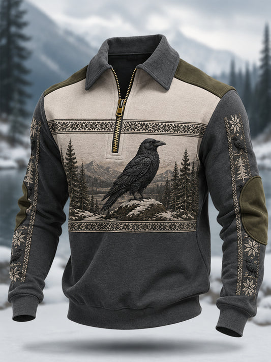 Men's Raven Print Casual Zipper Pullover