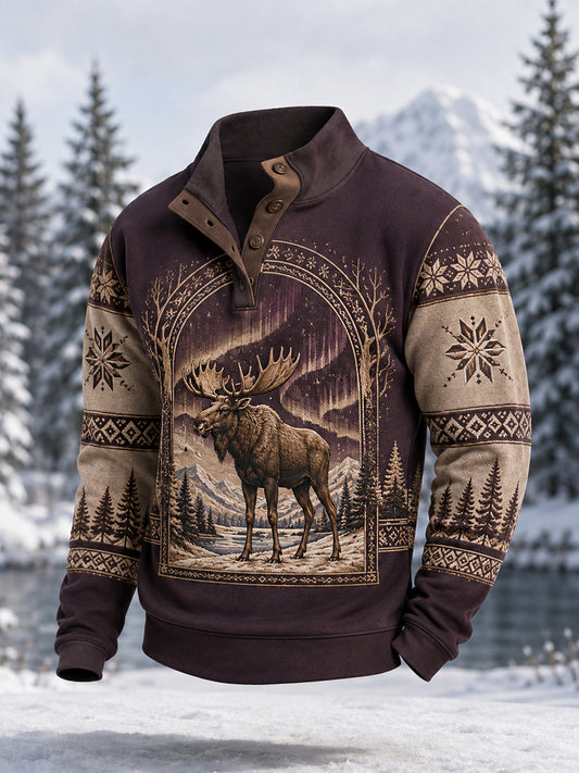 Men's Winter Moose Print Casual Buttons Pullover