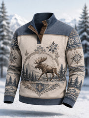 Men's Winter Moose Print Casual Buttons Pullover