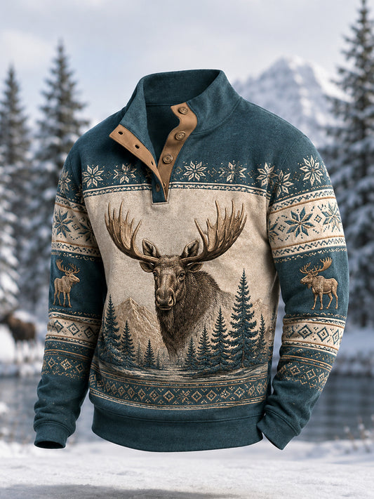 Men's Winter Moose Print Casual Buttons Pullover