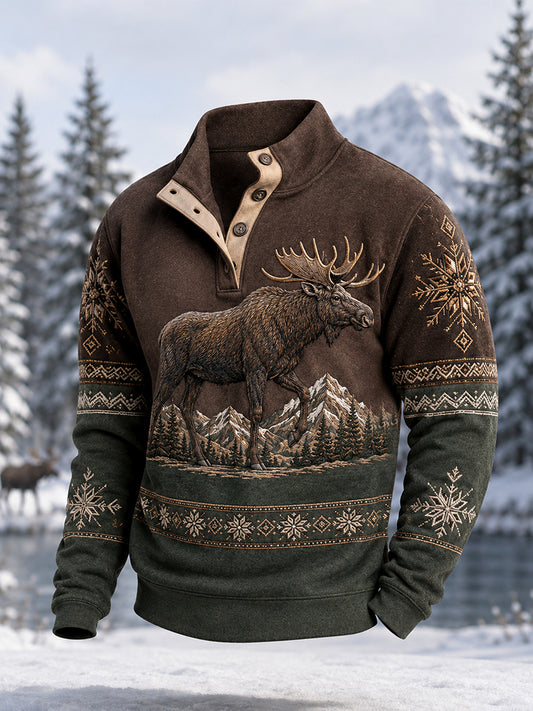 Men's Winter Moose Print Casual Buttons Pullover