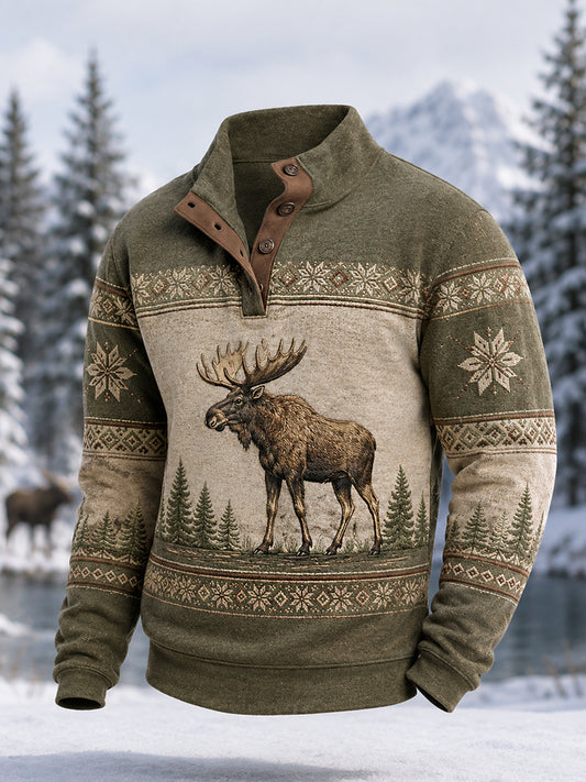 Men's Winter Moose Print Casual Buttons Pullover