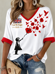 Women's Remembrance Day Mid-length Sleeves V-Neck T-Shirt