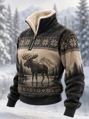Women's Winter Moose Print Casual Fur Collar Top