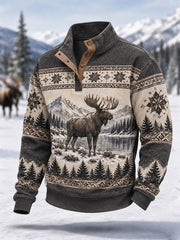 Men's Winter Moose Print Casual Buttons Pullover