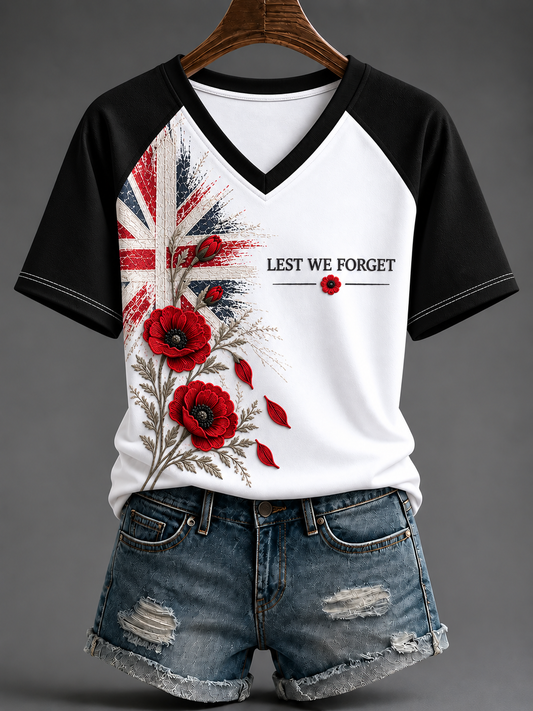 Women's Remembrance Day V-neck Off-shoulder Short-sleeved T-shirt