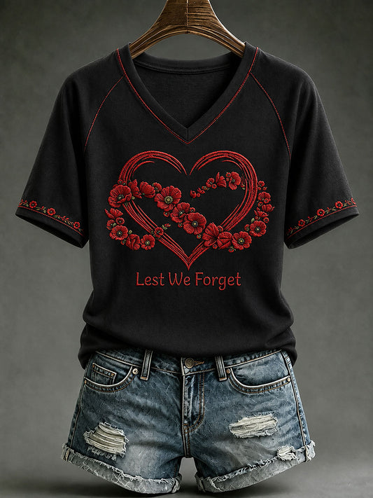Women's Lest We Forget Print V-neck T-shirt