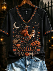 Women's Halloween Fall Corgi Mom Witch & Dog Print short-sleeved T-shirt