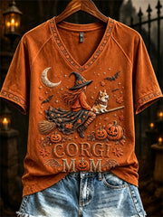 Women's Halloween Fall Corgi Mom Witch & Dog Print short-sleeved T-shirt