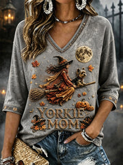 Women's Yorkie Mom Halloween Fall Witch & Dog Print Mid-length Sleeves V-Neck T-Shirt