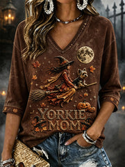 Women's Yorkie Mom Halloween Fall Witch & Dog Print Mid-length Sleeves V-Neck T-Shirt