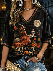 Women's Halloween Fall Shih Tzu Mom Witch & Dog Print Mid-length Sleeves V-Neck T-Shirt