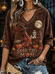 Women's Halloween Fall Shih Tzu Mom Witch & Dog Print Mid-length Sleeves V-Neck T-Shirt