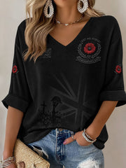 Women's Lest We Forget Print Mid-length Sleeves V-Neck T-Shirt