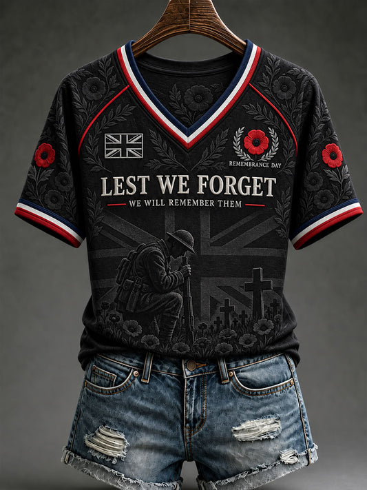 Women's Lest We Forget Print V-neck T-shirt
