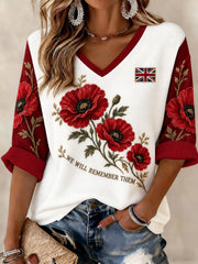 Women's We Will Remember Them Printed Mid-length Sleeves V-neck T-shirt