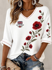 Women's Lest We Forget Printed Mid-length Sleeves V-neck T-shirt
