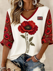 Women's We Will Remember Them Printed Mid-length Sleeves V-neck T-shirt