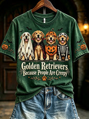 Women's Golden Retrievers Because People Are Creepy Halloween Print Short-sleeved T-shirt